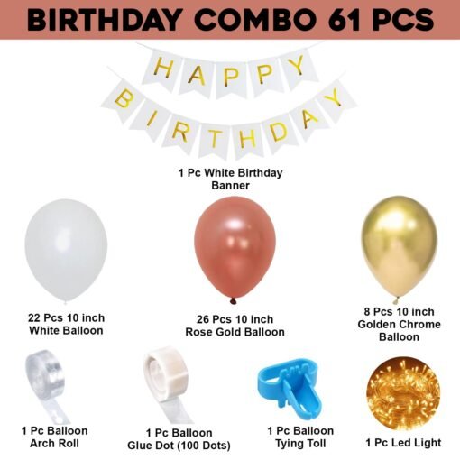 Rubber Rose Gold Birthday Decorations Combo White Banner With Metallic Balloons and Led Fairy Lights for 1st 18th 21st 25th 50th 60th 30th Decorations - Set of 61 - Image 2