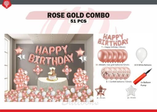 Pack of 51 Pcs Rose Gold Birthday Decorations Items Combo Set with Happy Birthday foil Letters set latex Balloons, Metallic Balloons, Curling Ribbons for Girls ,wife's Birthday Decorations - Image 2