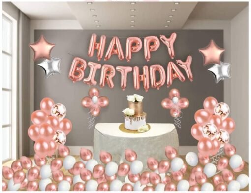 Pack of 51 Pcs Rose Gold Birthday Decorations Items Combo Set with Happy Birthday foil Letters set latex Balloons, Metallic Balloons, Curling Ribbons for Girls ,wife's Birthday Decorations