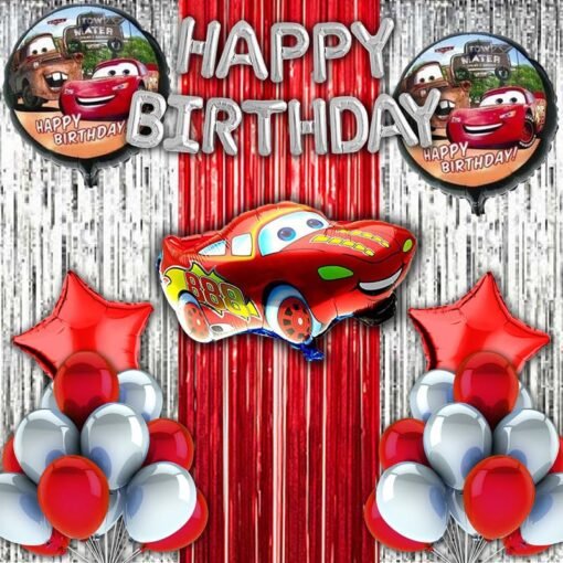 Happy Birthday Decoration Lightning Mcqueen Car Theme Combo Kit Items With Metallic Balloons Foil Curtain Shimmer For Little Kids Theme Birthday Party Decorations Red Pack of 39