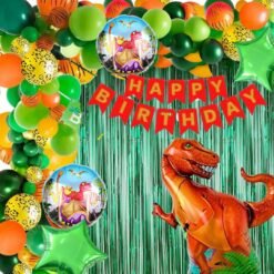 Theme Birthday Decoration Pack Of 52 - Pc 40 Balloons,4 Confetti Balloons, 5 Pc Dinosaur Foil Balloons, 1 Banner, 2Pc Green Curtains.