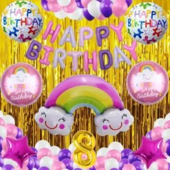 No 8 Gold Balloons with Rainbow Theme Birthday Decoration Items or Kit Multicolor Foil of 13 Letters with 30 HD Metallic Purple , Pink & White Balloons birthday celebration Theme Party Decoration Baby Shower + 1 Pc Big Rainbow Cloud Foil + 18 " inch 4 Pcs Rainbow Round Shape Foil Balloons for Party Supplies Boys ,Girls & Kids + 18 " inch 2 Pcs Dark Pink Star Shape Foil Balloons + 2 Gold Foil Fringes Curtains + 8th Birthday or 8th Year Birthday Gold Foil Balloon (Pack of 53)