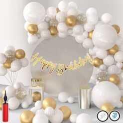 Happy Birthday Decoration Items 60 Pcs Combo Pack for Boys Girls - Happy Birthday Cursive Banner, Confetti Balloons, Chrome Balloons, Pastel Balloons, Balloons Hand Pump Balloons Arch Strip & Glue Dots for Birthday Celebration | Birthday Balloons for Decoration
