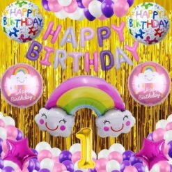 No 1 Gold Balloons with Rainbow Theme Birthday Decoration Items or Kit Multicolor Foil of 13 Letters with 30 HD Metallic Purple , Pink & White Balloons birthday celebration Theme Party Decoration Baby Shower + 1 Pc Big Rainbow Cloud Foil + 18 " inch 4 Pcs Rainbow Round Shape Foil Balloons for Party Supplies Boys ,Girls & Kids + 18 " inch 2 Pcs Dark Pink Star Shape Foil Balloons + 2 Gold Foil Fringes Curtains + 1st Birthday or 1st Year Birthday Gold Foil Balloon (Pack of 53)