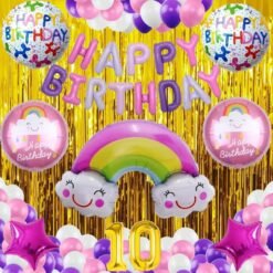No 10 Gold Balloons with Rainbow Theme Birthday Decoration Items or Kit Multicolor Foil of 13 Letters with 30 HD Metallic Purple , Pink & White Balloons birthday celebration Theme Party Decoration Baby Shower + 1 Pc Big Rainbow Cloud Foil + 18 " inch 4 Pcs Rainbow Round Shape Foil Balloons for Party Supplies Boys ,Girls & Kids + 18 " inch 2 Pcs Dark Pink Star Shape Foil Balloons + 2 Gold Foil Fringes Curtains + 10th Birthday or 10th Year Birthday Gold Foil Balloon (Pack of 54)