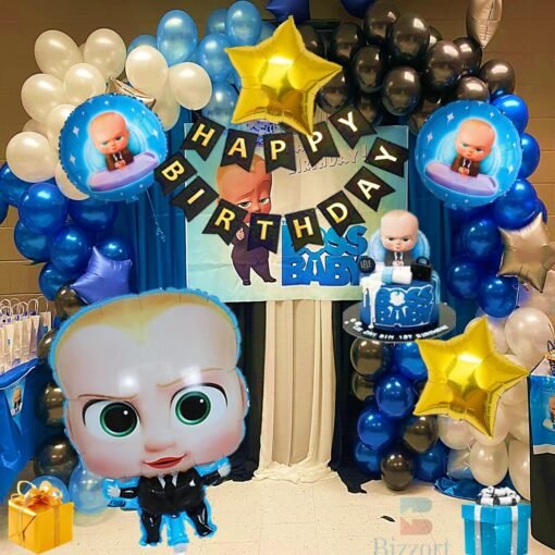 Boss Baby Birthday Party – Combo Pack of 45 Balloons & Happy Birthday Banner | Boss Baby Foil Balloons 5 Pcs Set | 40 Metallic Balloons | Happy Birthday Banner (Boss Baby 3)
