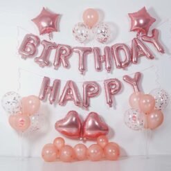 Happy Birthday Decoration Kit 30 Pc Combo with Rose Gold Birthday Banner 4 Pc Heart and Star Foil Balloon, 3 Pc Rose Gold Confetti Balloons with Balloons Glue Dot for Boys Girls Birthday Decoration Kit (Rose Gold)