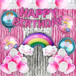 Happy Birthday Decoration Rainbow Theme Combo Kit Items With Metallic Balloons Foil Curtain Shimmer For Little Kids Theme Birthday Party Decorations Pink Pack of 39