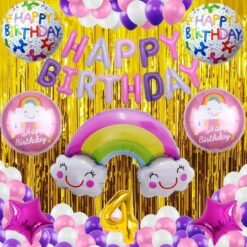 No 4 Gold Balloons with Rainbow Theme Birthday Decoration Items or Kit Multicolor Foil of 13 Letters with 30 HD Metallic Purple , Pink & White Balloons birthday celebration Theme Party Decoration Baby Shower + 1 Pc Big Rainbow Cloud Foil + 18 " inch 4 Pcs Rainbow Round Shape Foil Balloons for Party Supplies Boys ,Girls & Kids + 18 " inch 2 Pcs Dark Pink Star Shape Foil Balloons + 2 Gold Foil Fringes Curtains + 4th Birthday or 4th Year Birthday Gold Foil Balloon (Pack of 53)