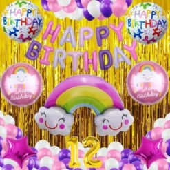 No 12 Gold Balloons with Rainbow Theme Birthday Decoration Items or Kit Multicolor Foil of 13 Letters with 30 HD Metallic Purple , Pink & White Balloons birthday celebration Theme Party Decoration Baby Shower + 1 Pc Big Rainbow Cloud Foil + 18 " inch 4 Pcs Rainbow Round Shape Foil Balloons for Party Supplies Boys ,Girls & Kids + 18 " inch 2 Pcs Dark Pink Star Shape Foil Balloons + 2 Gold Foil Fringes Curtains + 12th Birthday or 12th Year Birthday Gold Foil Balloon (Pack of 54)