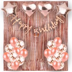 Happy Birthday Combo Includes Banner Metallic & Confetti Balloon,Fringe Foil Curtain,Heart & Star Foil Balloons Pack of 16 Piece