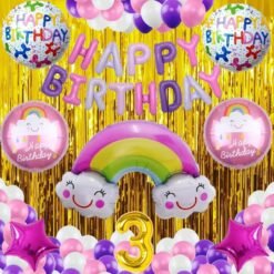 No 3 Gold Balloons with Rainbow Theme Birthday Decoration Items or Kit Multicolor Foil of 13 Letters with 30 HD Metallic Purple , Pink & White Balloons birthday celebration Theme Party Decoration Baby Shower + 1 Pc Big Rainbow Cloud Foil + 18 " inch 4 Pcs Rainbow Round Shape Foil Balloons for Party Supplies Boys ,Girls & Kids + 18 " inch 2 Pcs Dark Pink Star Shape Foil Balloons + 2 Gold Foil Fringes Curtains + 3rd Birthday or 3rd Year Birthday Gold Foil Balloon (Pack of 53)