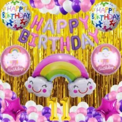 No 11 Gold Balloons with Rainbow Theme Birthday Decoration Items or Kit Multicolor Foil of 13 Letters with 30 HD Metallic Purple , Pink & White Balloons birthday celebration Theme Party Decoration Baby Shower + 1 Pc Big Rainbow Cloud Foil + 18 " inch 4 Pcs Rainbow Round Shape Foil Balloons for Party Supplies Boys ,Girls & Kids + 18 " inch 2 Pcs Dark Pink Star Shape Foil Balloons + 2 Gold Foil Fringes Curtains + 11th Birthday or 11th Year Birthday Gold Foil Balloon (Pack of 54)