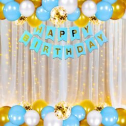 Light Blue White and Golden With net Curtain and Light for Birthday Decoration Kit for kids, Boys and Girls, Adult || Birthday Decoration Items ( pack of 53 )