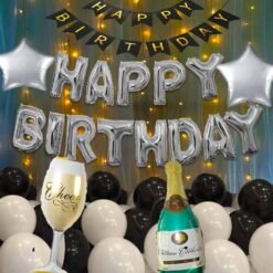 Happy Birthday Balloons Decoration Items Combo Kit for Grown ups - 57 Pcs with Champagne bottle & Glass, LED lights, Foil Balloons, Banner etc
