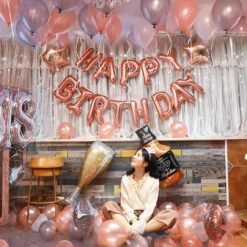 Rose Gold Birthday Decorations For Girls Combo Set-55Pcs For Rosegold Happy Birthday Foil Balloons,Metallic Balloons and Star Foil Balloons Pack for Women Girl Balloon Decoration Items