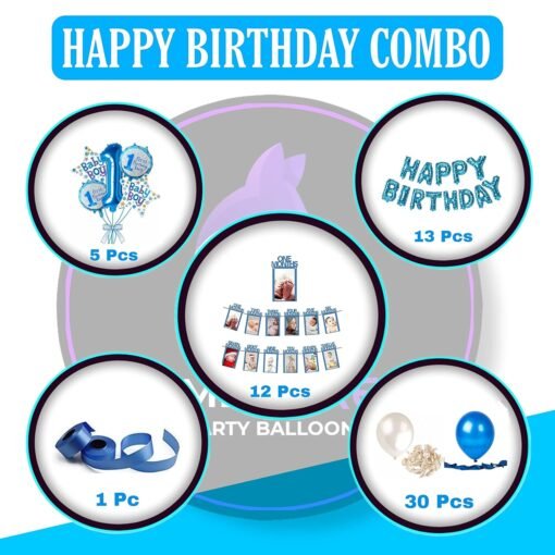 Baby boy 1st happy birthday party decorations combo pack blue colour theme (61 Pcs Blue Pack) - Image 2