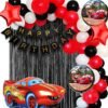 Queen Car Theme Birthday Decorations - 68pc Combo - 60 Multicolor Balloons, 1 Car Theme Foil Balloons set of 5, 1 Banner, 2pc Black curtain ( Car Birthday Theme Decoration )