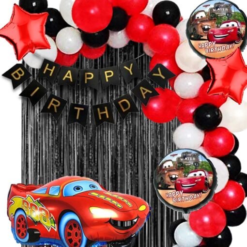 Queen Car Theme Birthday Decorations - 68pc Combo - 60 Multicolor Balloons, 1 Car Theme Foil Balloons set of 5, 1 Banner, 2pc Black curtain ( Car Birthday Theme Decoration )