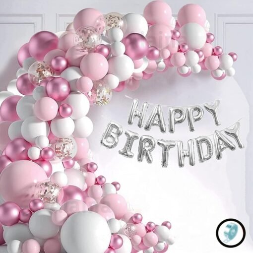 Pink & White Birthday Decoration Items 56 Pcs Combo Pack for Boys Girls Kids Husband Wife - Happy Birthday Foil Balloons, Silver Confetti Balloons, Pink Chrome Balloons, Pastel Balloons, Arch Strip (Pink & White)