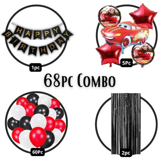 Queen Car Theme Birthday Decorations - 68pc Combo - 60 Multicolor Balloons, 1 Car Theme Foil Balloons set of 5, 1 Banner, 2pc Black curtain ( Car Birthday Theme Decoration ) - Image 2