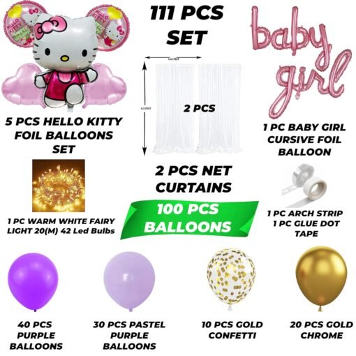Baby Girl Birthday Decoration Hello Kitty Theme Pack of 111 Pcs - Image 2