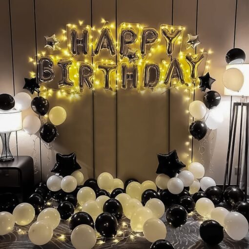 Black and White Theme Birthday decoration items kit for men & women and Black and Silver Star Foil Balloons and silver foil HBD banner- set of 69 items