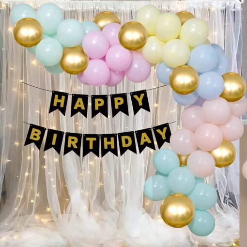 Balloon Arch with Happy Birthday Banner Net Curtain LED Light Back Drop Decoration Kit OF 116 Pcs (Multicolor)